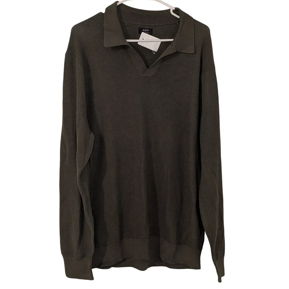 J.Crew‎ Mens Cotton Waffle Knit Sweater Polo Olive Green CQ401 Large NWT $110